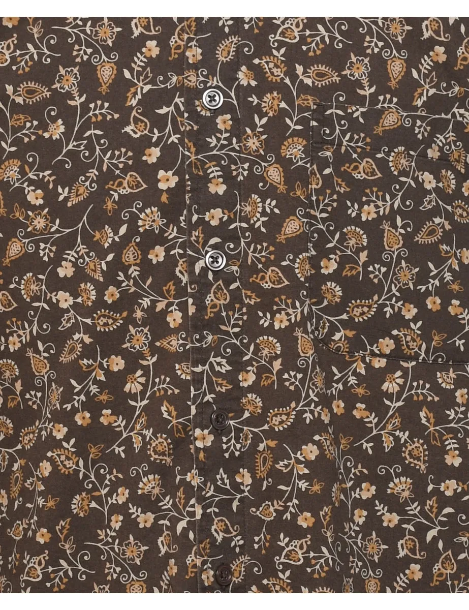 1990s Izod Brown Floral Shirt - M
