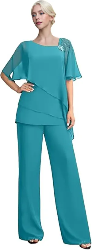 2 Piece Mother of The Bride Pant Suits Chiffon Wedding Guest Groom for Women Evening Formal Jumpsuit