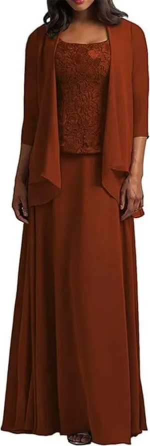 2-Pieces Mother of The Bride Dress with Jacket Long Mother of The Groom Dresses Laces Chiffon Formal Evening Gowns