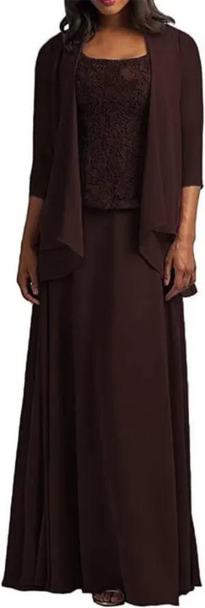 2-Pieces Mother of The Bride Dress with Jacket Long Mother of The Groom Dresses Laces Chiffon Formal Evening Gowns