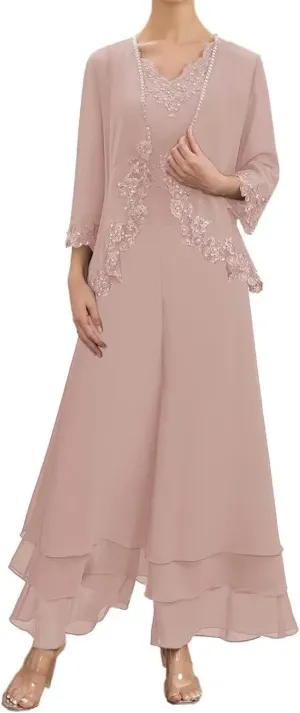 2 Pieces Mother of The Bride Pant Suits Long Sleeve Chiffon Lace Appliques Outfit Set Wedding Guest Dress with Jacket