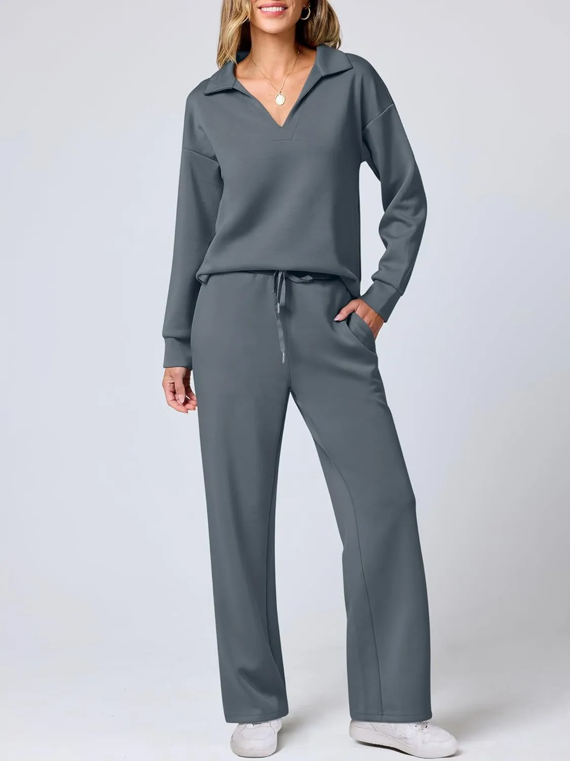ANRABESS Women's 2 Piece Outfits Lounge Sets Casual Long Sleeve Sweatsuits Polo Top Wide Leg Pants Spring Sweat Matching Sets
