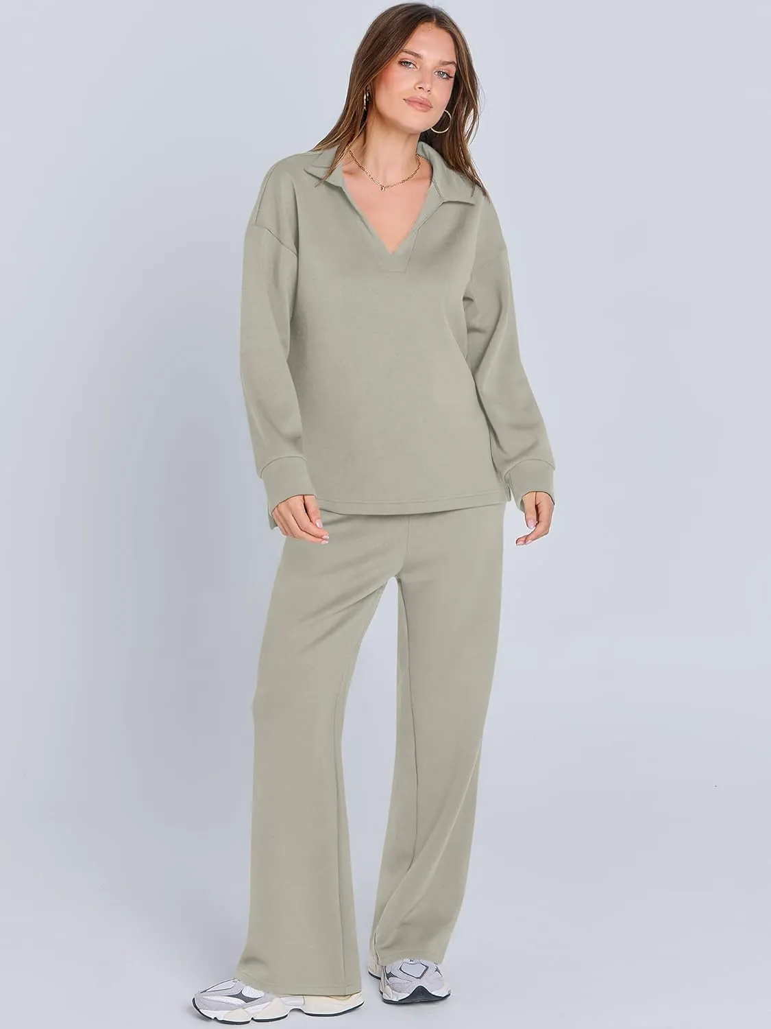 ANRABESS Women's 2 Piece Outfits Lounge Sets Casual Long Sleeve Sweatsuits Polo Top Wide Leg Pants Spring Sweat Matching Sets