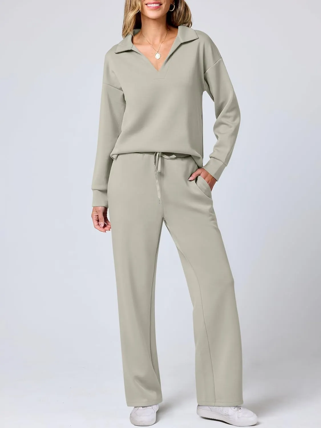 ANRABESS Women's 2 Piece Outfits Lounge Sets Casual Long Sleeve Sweatsuits Polo Top Wide Leg Pants Spring Sweat Matching Sets