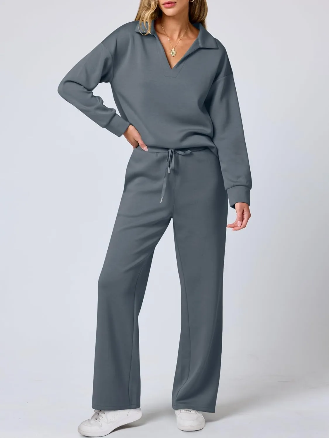 ANRABESS Women's 2 Piece Outfits Lounge Sets Casual Long Sleeve Sweatsuits Polo Top Wide Leg Pants Spring Sweat Matching Sets