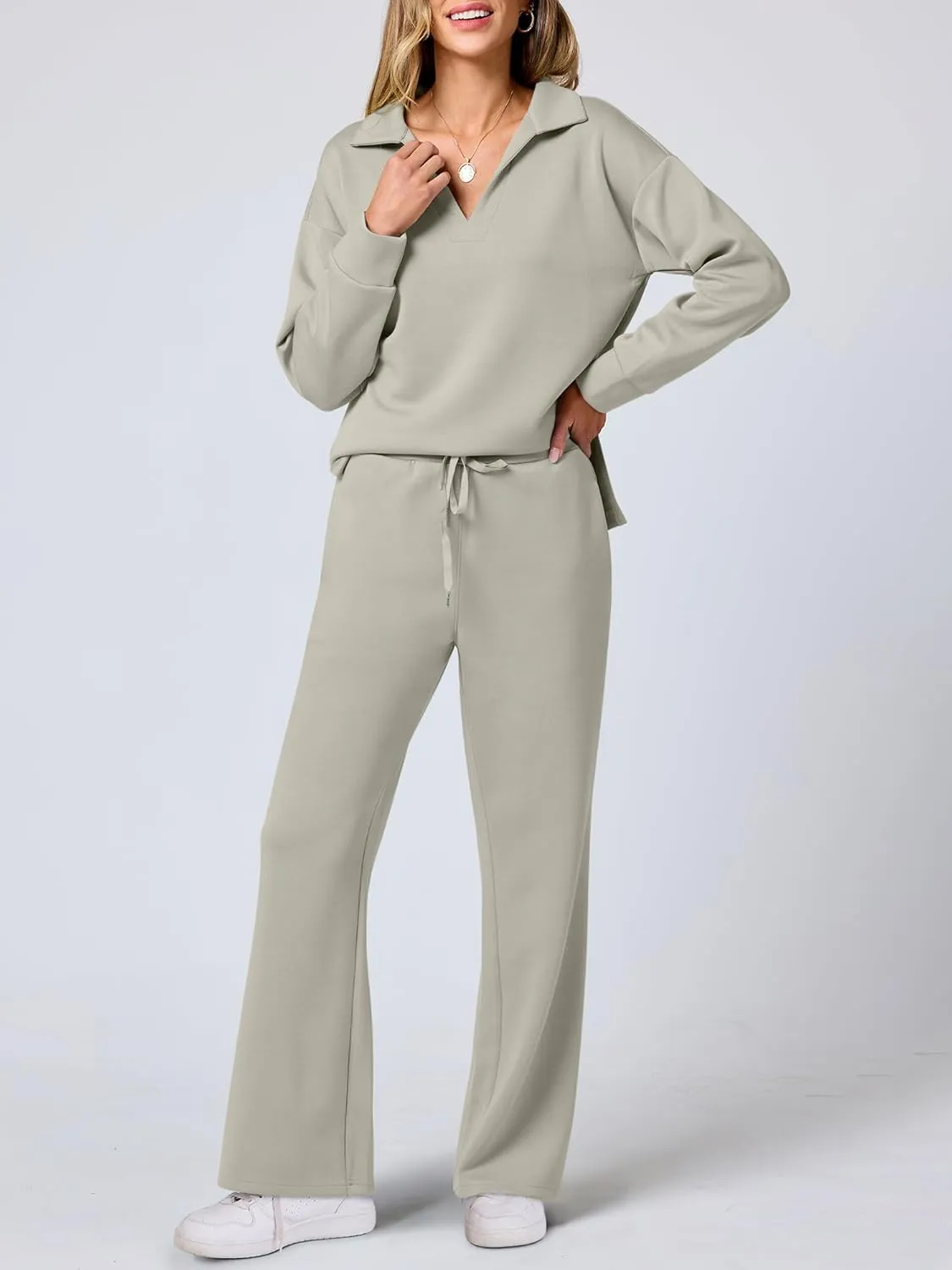 ANRABESS Women's 2 Piece Outfits Lounge Sets Casual Long Sleeve Sweatsuits Polo Top Wide Leg Pants Spring Sweat Matching Sets