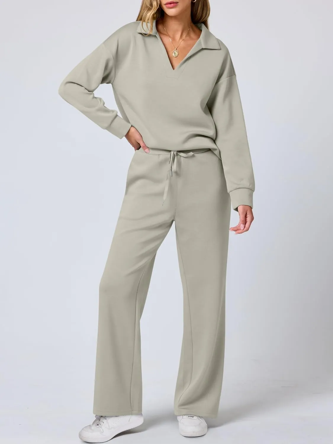 ANRABESS Women's 2 Piece Outfits Lounge Sets Casual Long Sleeve Sweatsuits Polo Top Wide Leg Pants Spring Sweat Matching Sets