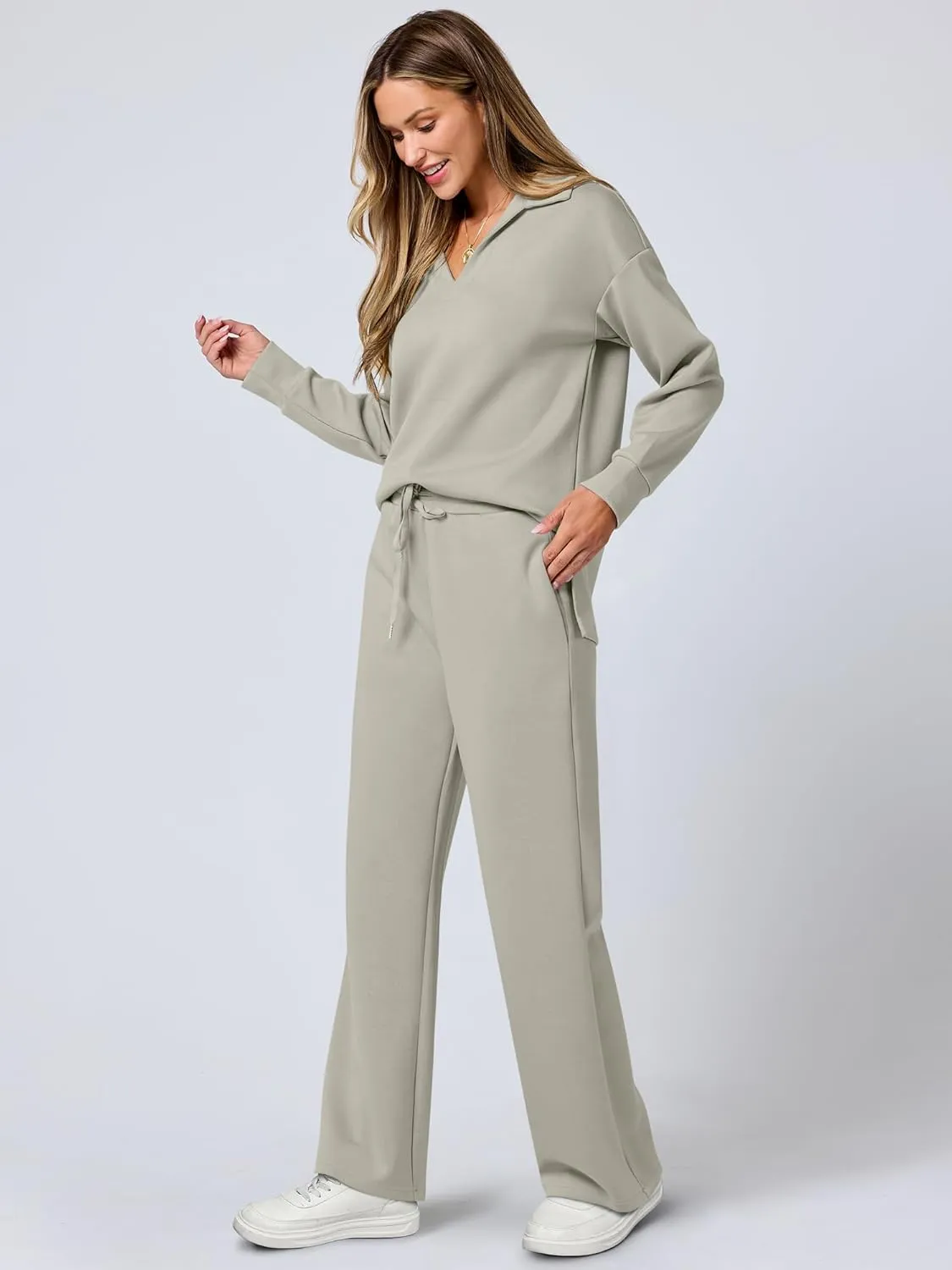 ANRABESS Women's 2 Piece Outfits Lounge Sets Casual Long Sleeve Sweatsuits Polo Top Wide Leg Pants Spring Sweat Matching Sets