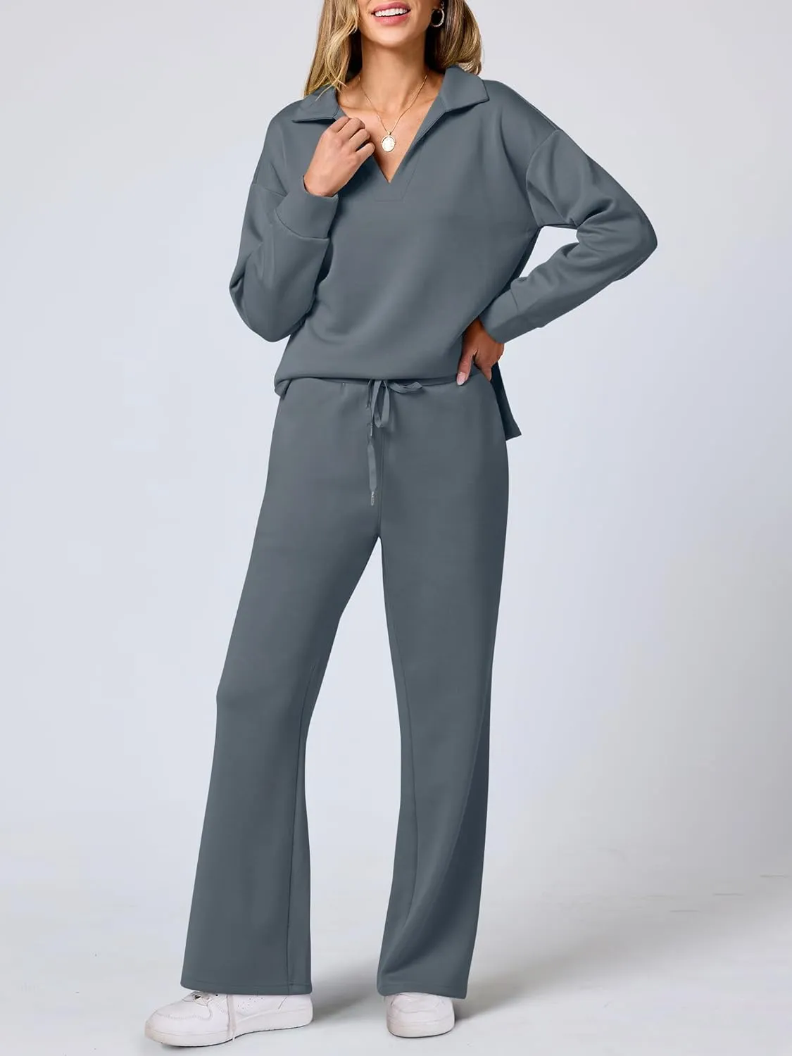 ANRABESS Women's 2 Piece Outfits Lounge Sets Casual Long Sleeve Sweatsuits Polo Top Wide Leg Pants Spring Sweat Matching Sets