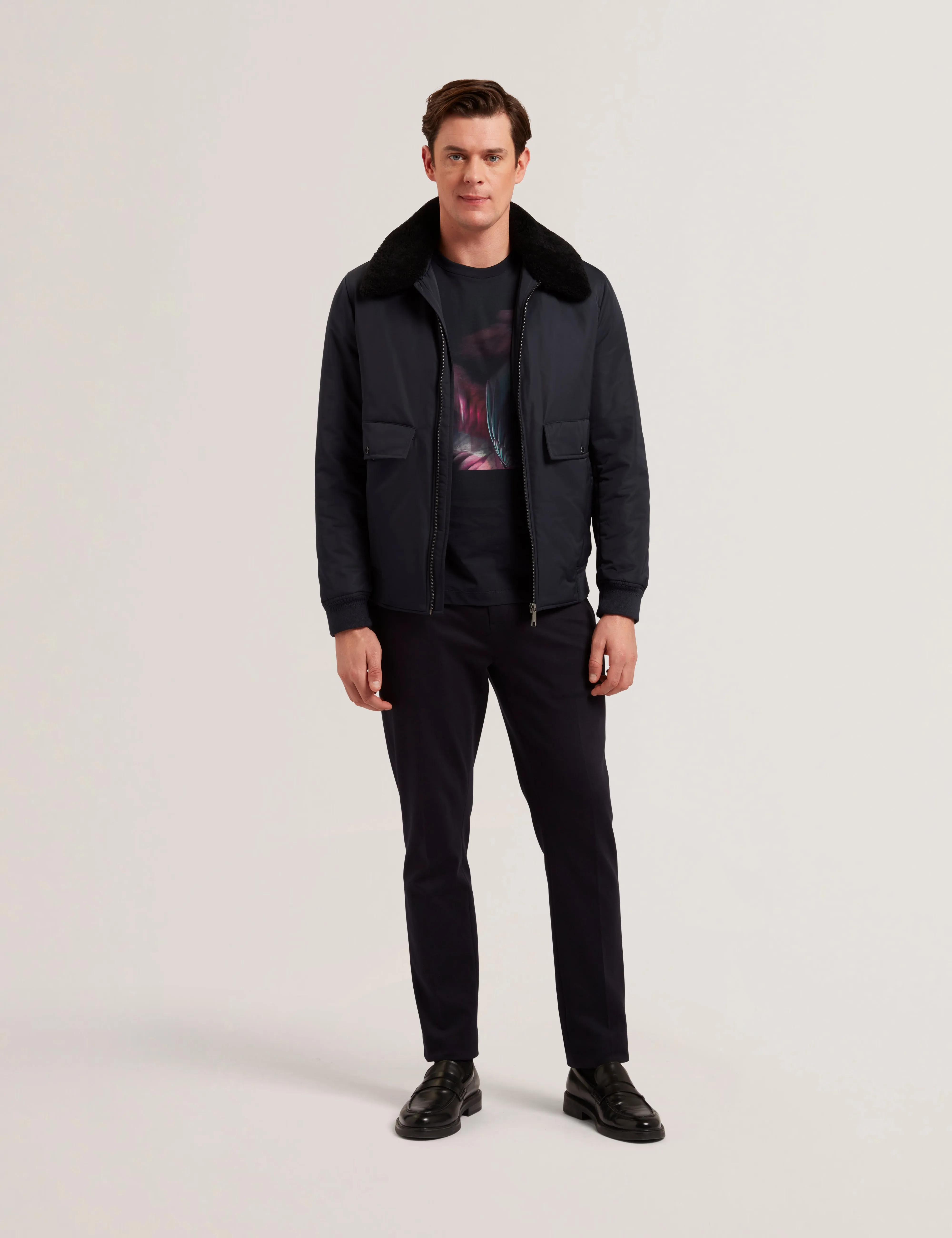Avitore Bomber Removable Shearling Collar Navy