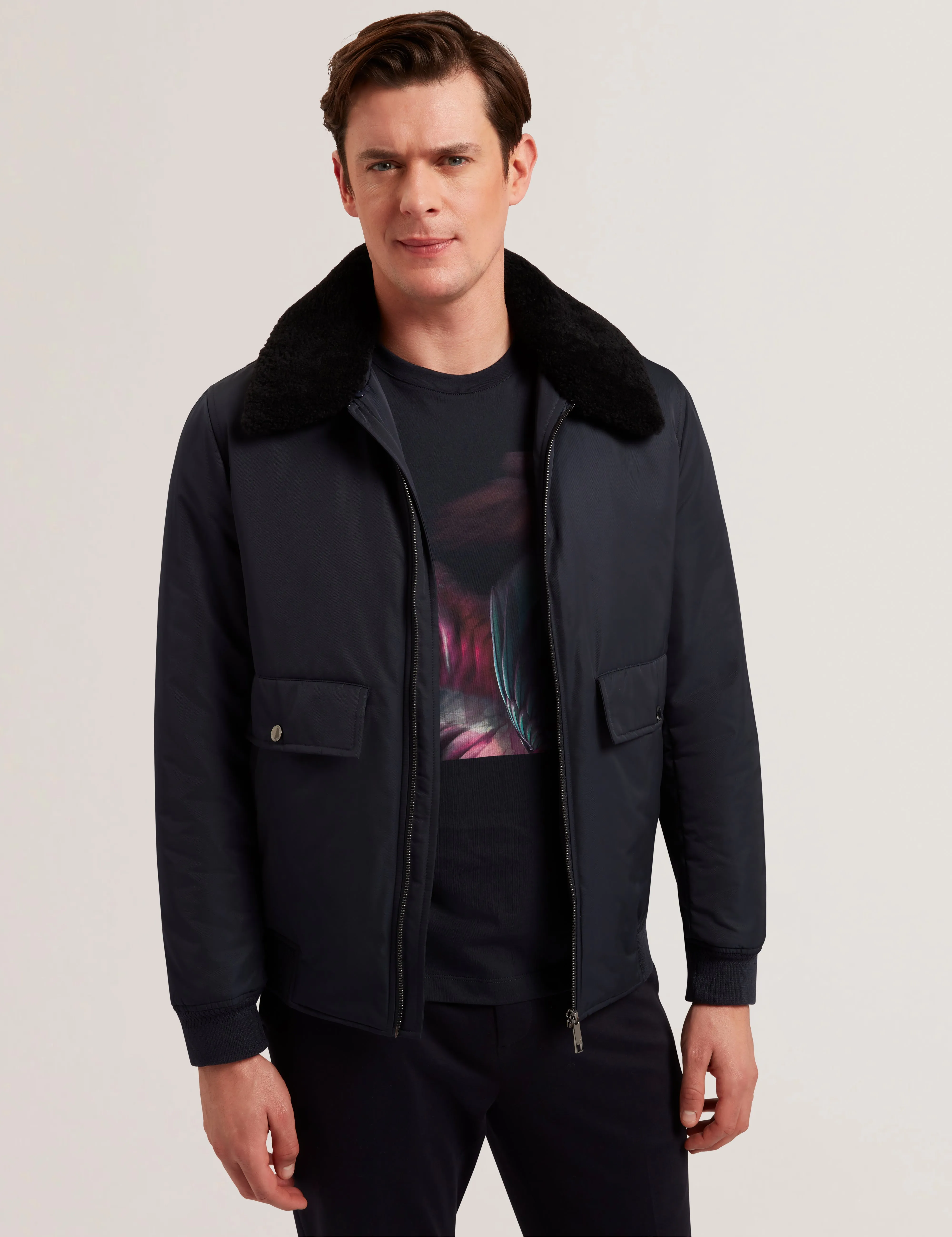 Avitore Bomber Removable Shearling Collar Navy