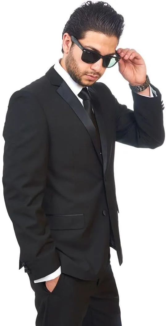 AZAR MAN Slim Fit Men Suit Tuxedo Black 2 Button Satin Collar Flat Front Pants