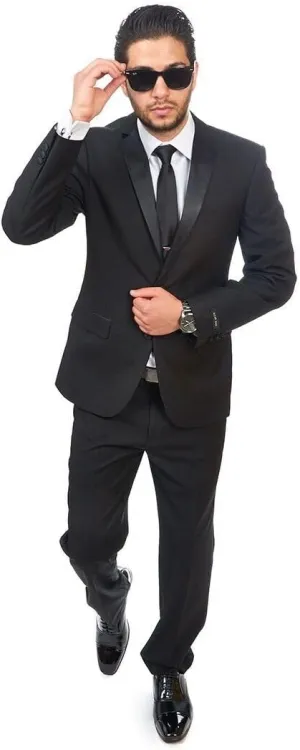 AZAR MAN Slim Fit Men Suit Tuxedo Black 2 Button Satin Collar Flat Front Pants
