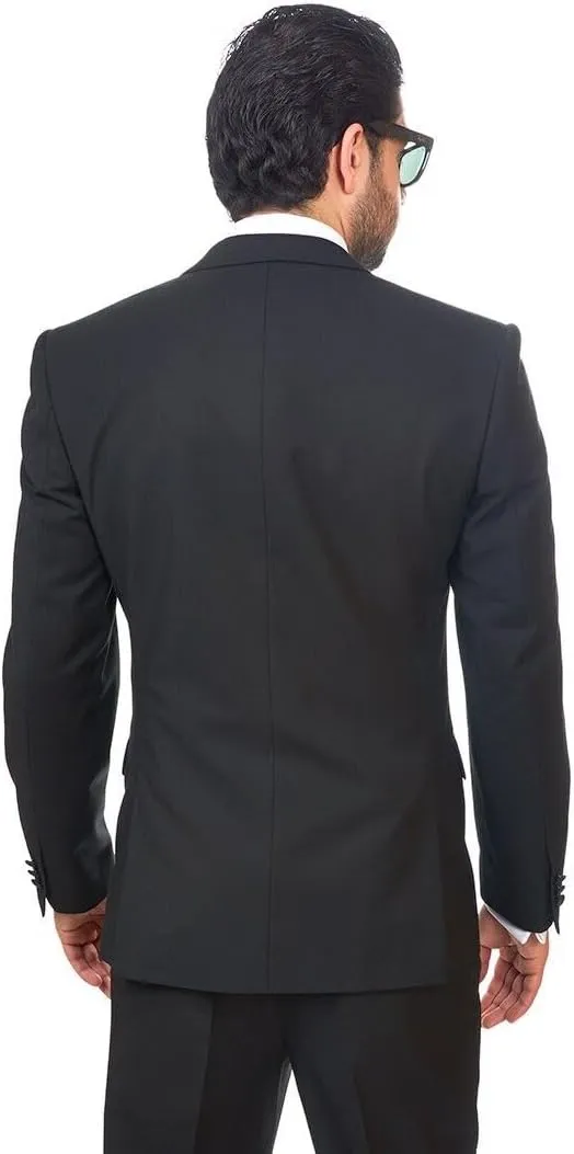 AZAR MAN Slim Fit Men Suit Tuxedo Black 2 Button Satin Collar Flat Front Pants