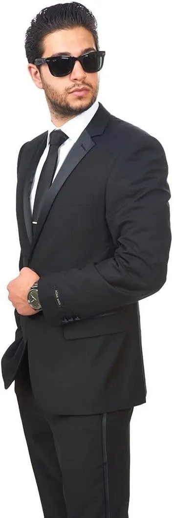 AZAR MAN Slim Fit Men Suit Tuxedo Black 2 Button Satin Collar Flat Front Pants