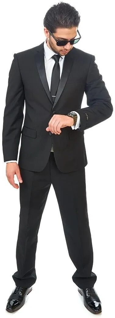 AZAR MAN Slim Fit Men Suit Tuxedo Black 2 Button Satin Collar Flat Front Pants