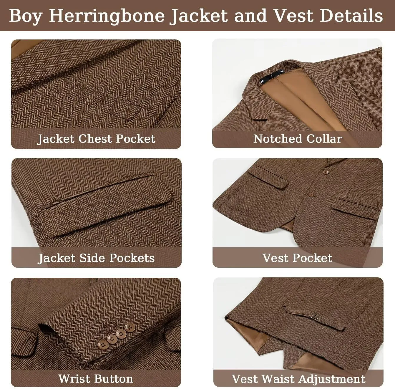 Boy's Suit Herringbone Tweed Blazer Slim Fit Kids Winter 1920s Retro Vintage Formal Wedding Prom Tuxedo Jacket Vest Pants Tie