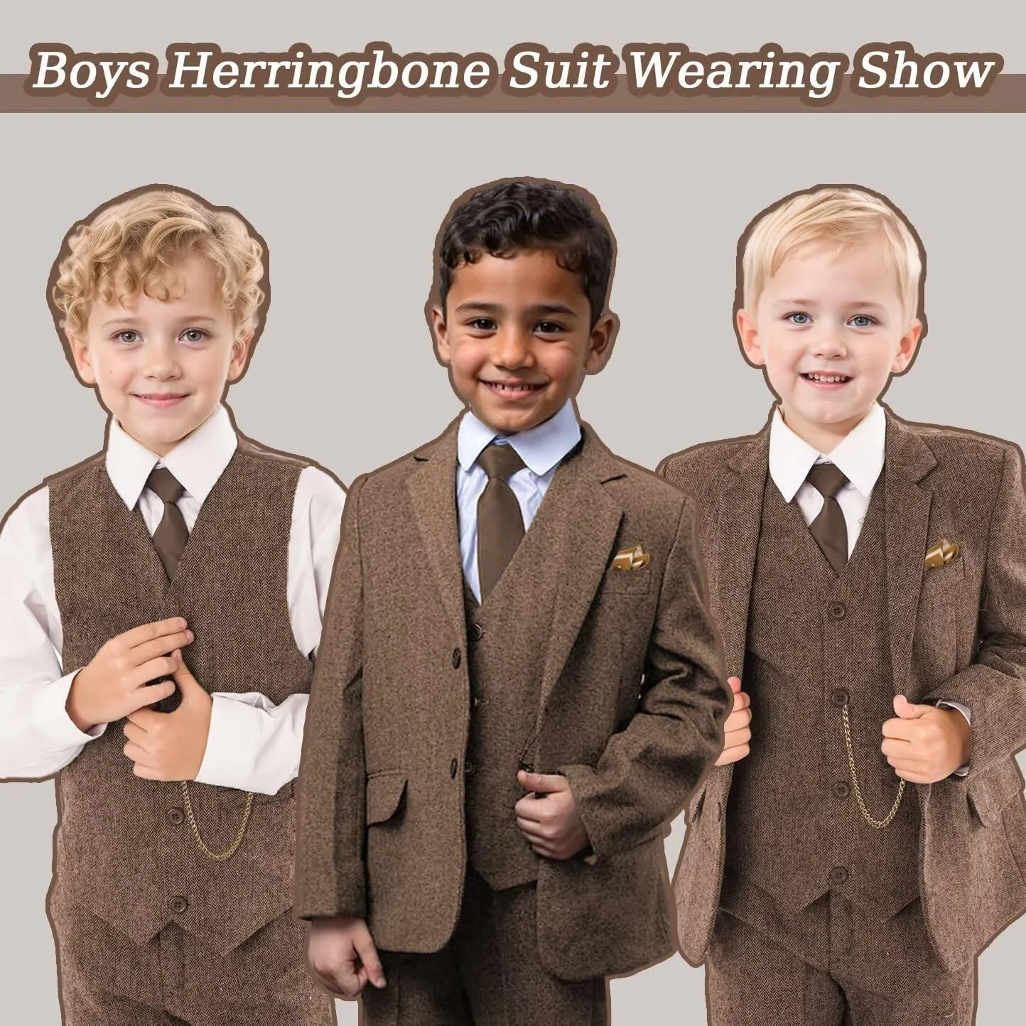 Boy's Suit Herringbone Tweed Blazer Slim Fit Kids Winter 1920s Retro Vintage Formal Wedding Prom Tuxedo Jacket Vest Pants Tie