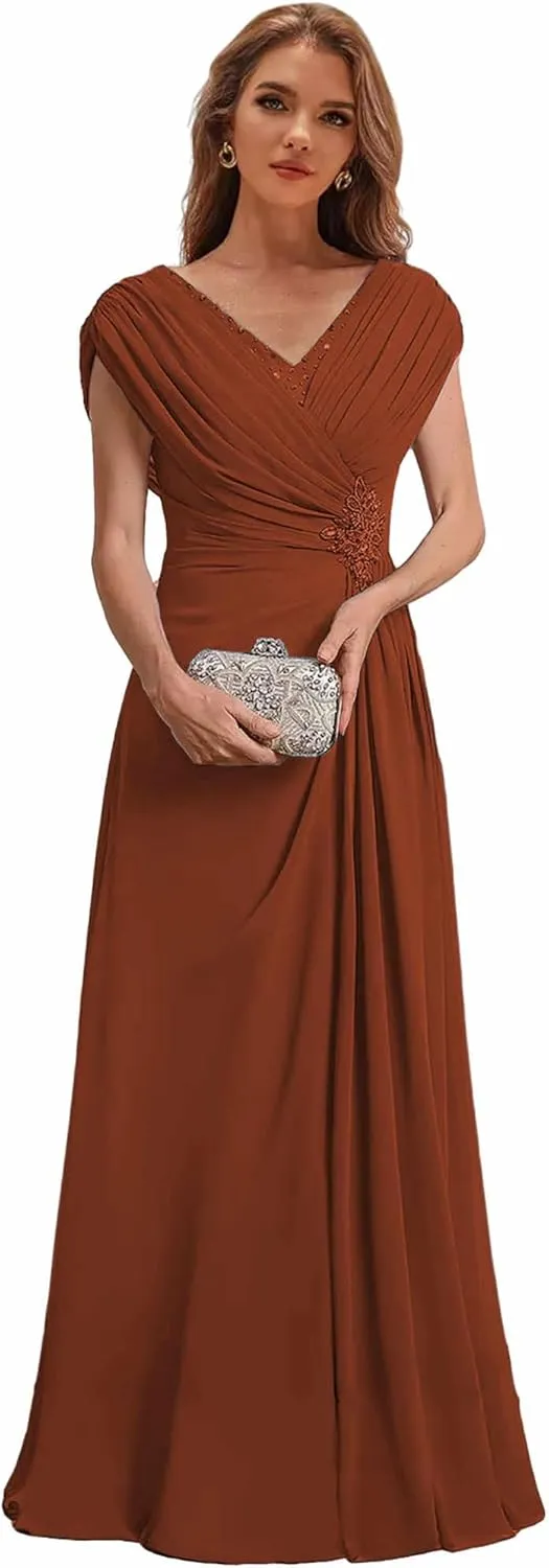 Cap Sleeve Mother of The Bride Dresses for Wedding V Neck Evening Gowns for Women Formal