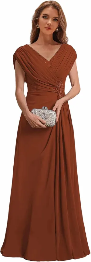 Cap Sleeve Mother of The Bride Dresses for Wedding V Neck Evening Gowns for Women Formal