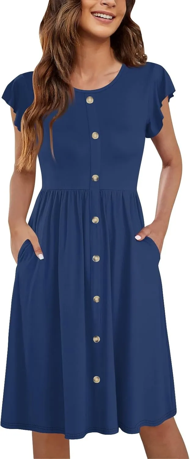 Casual Dresses for Women Ruffle Sleeve Button Down Short Tshirt Dress Flowy Summer Beach Vacation Sun Dresses with Pockets