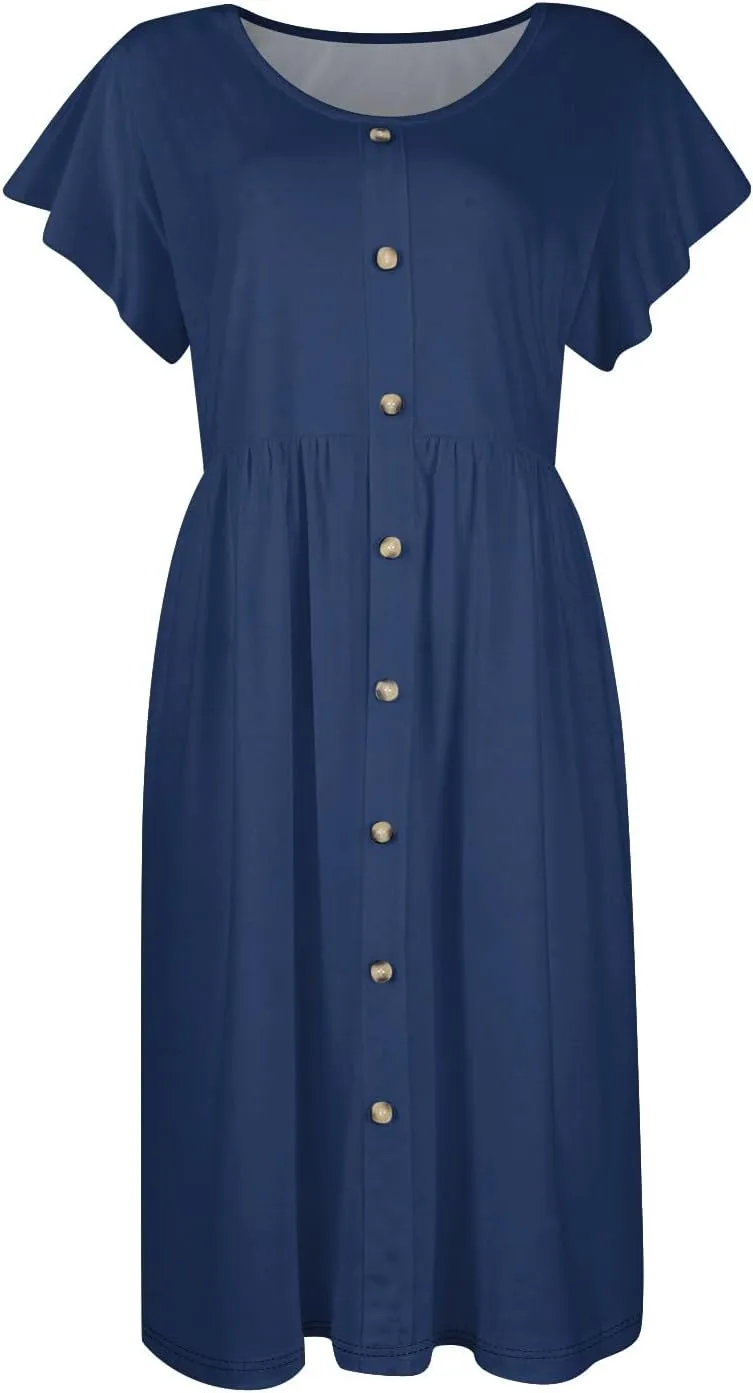 Casual Dresses for Women Ruffle Sleeve Button Down Short Tshirt Dress Flowy Summer Beach Vacation Sun Dresses with Pockets