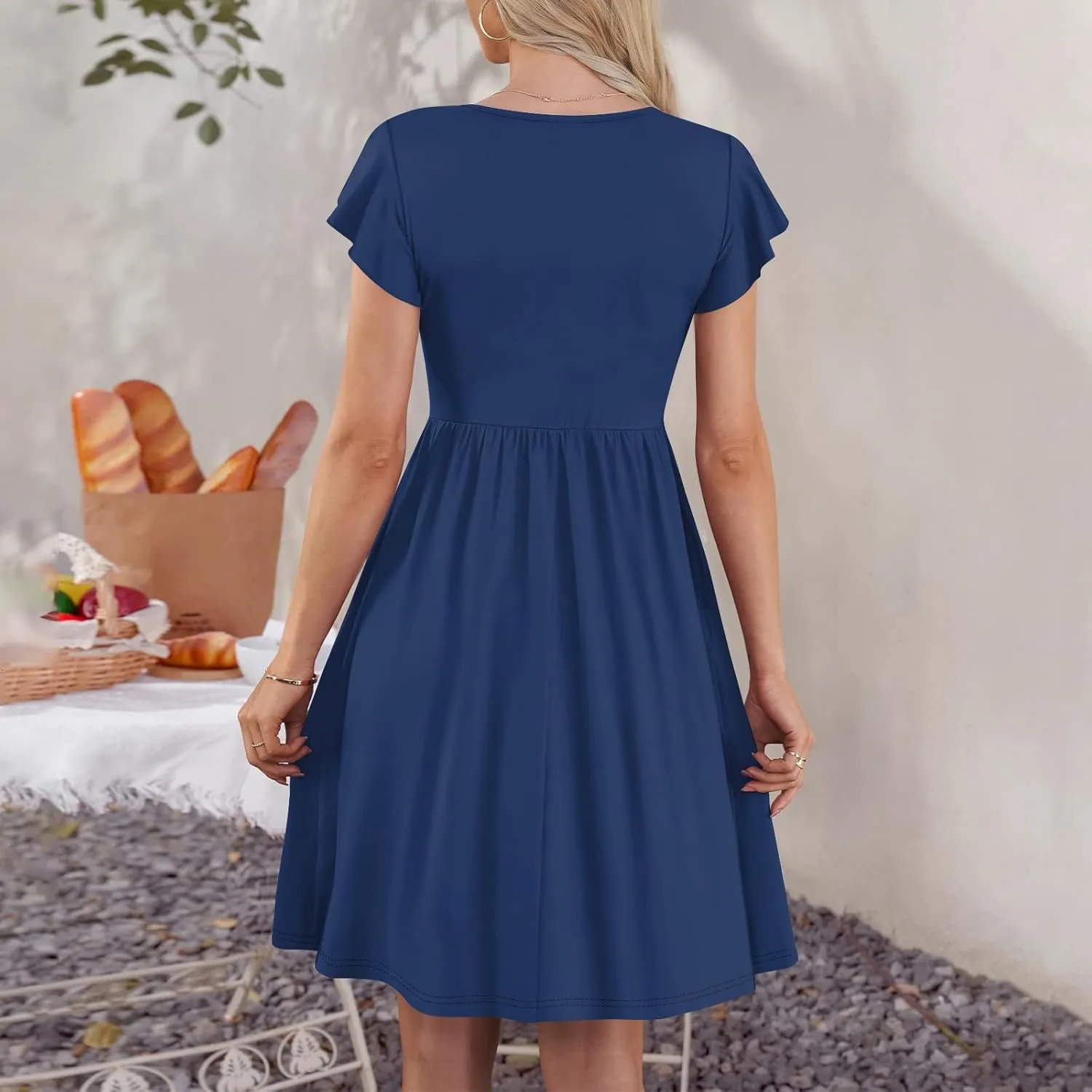 Casual Dresses for Women Ruffle Sleeve Button Down Short Tshirt Dress Flowy Summer Beach Vacation Sun Dresses with Pockets