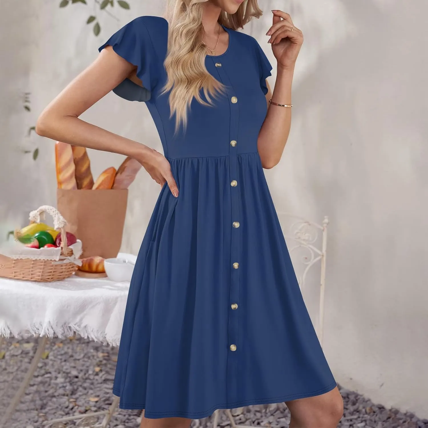 Casual Dresses for Women Ruffle Sleeve Button Down Short Tshirt Dress Flowy Summer Beach Vacation Sun Dresses with Pockets