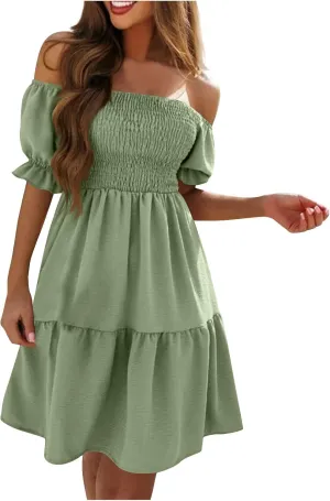 Casual Summer Dresses for Women, Off Shoulder Ruffle Hem Knee Length Swing Dress Flowy Short Sleeve Mini Dresses