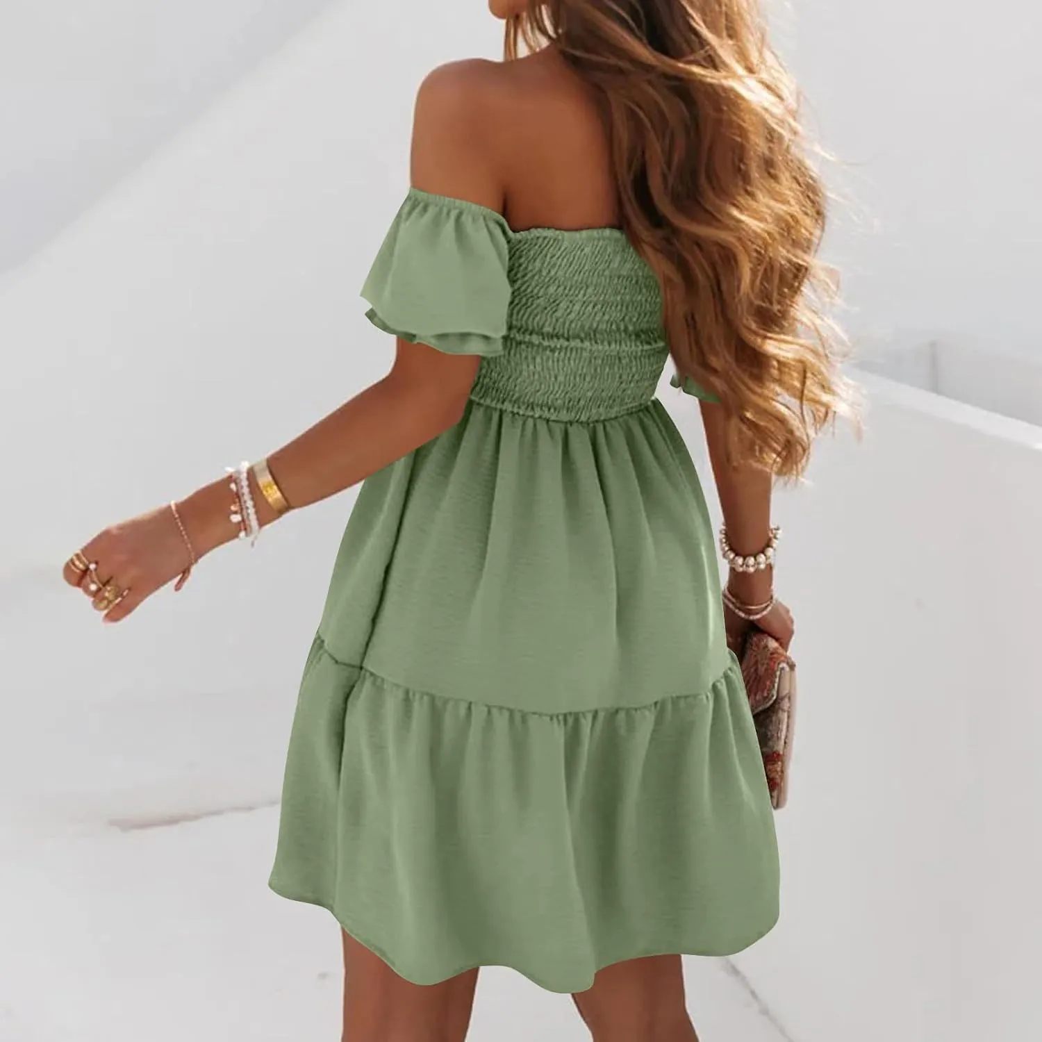 Casual Summer Dresses for Women, Off Shoulder Ruffle Hem Knee Length Swing Dress Flowy Short Sleeve Mini Dresses