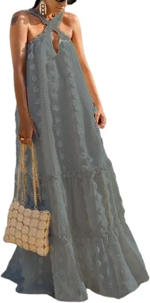 CHARTOU Women's Summer Crossover Halter Neck 3D Posy Floral Tiered Swing Maxi Long Dress