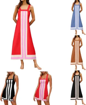Color Blocked Dresses for Women Straps Shoulder Striped Summer Maxi Dress Sleeveless Beach Overall Dress Coverups