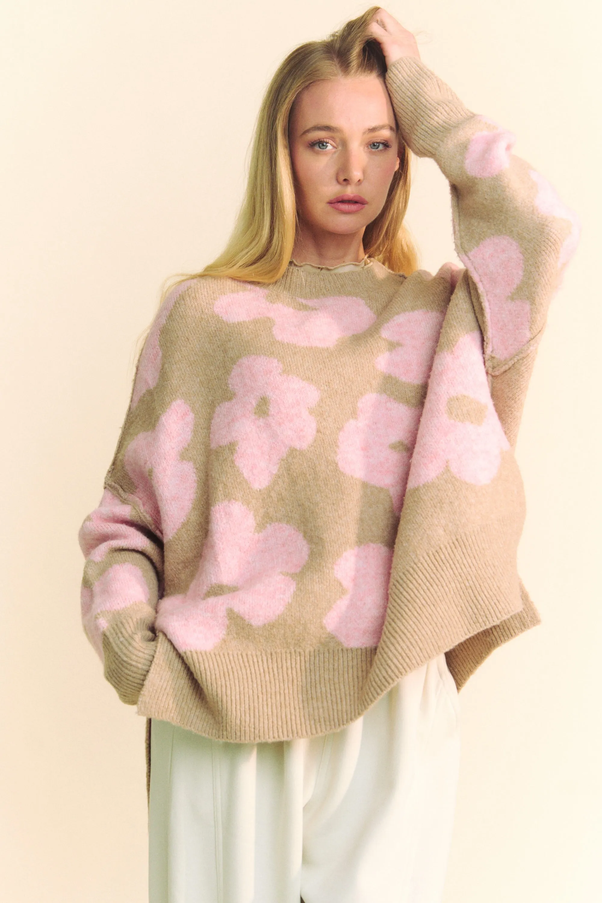 Davi & Dani OVERSIZED Knit Sweater with Floral Print in Beige/Pink ON ORDER