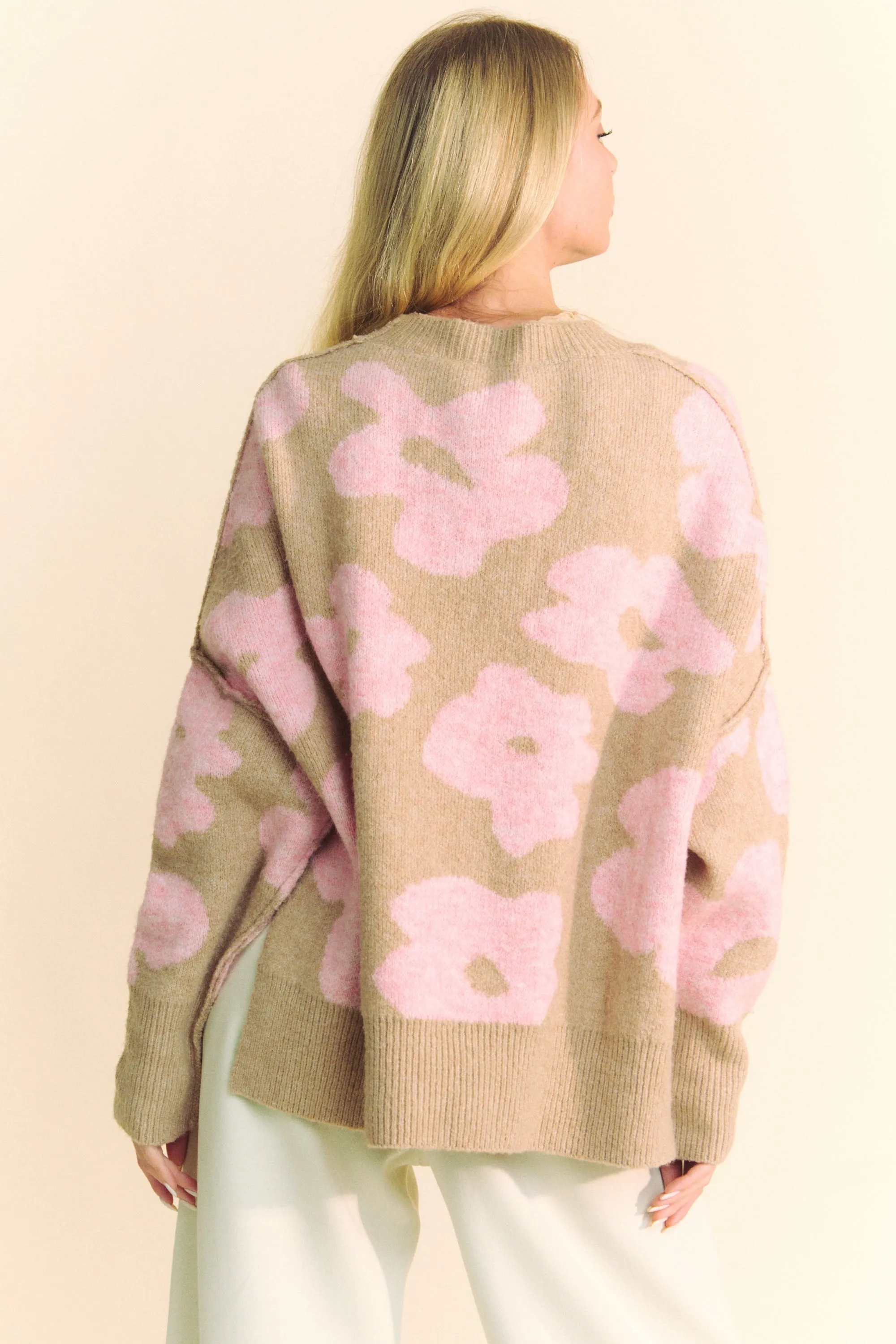 Davi & Dani OVERSIZED Knit Sweater with Floral Print in Beige/Pink ON ORDER