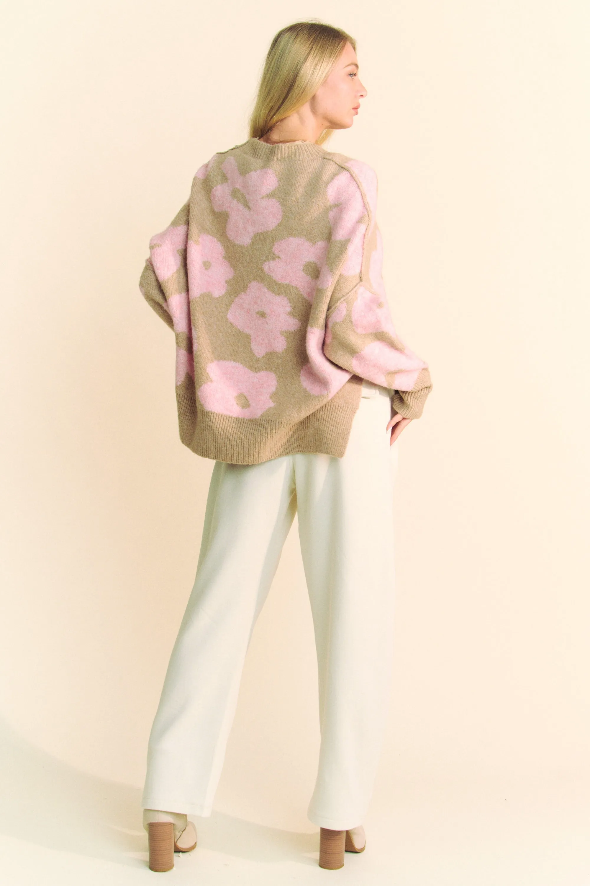 Davi & Dani OVERSIZED Knit Sweater with Floral Print in Beige/Pink ON ORDER