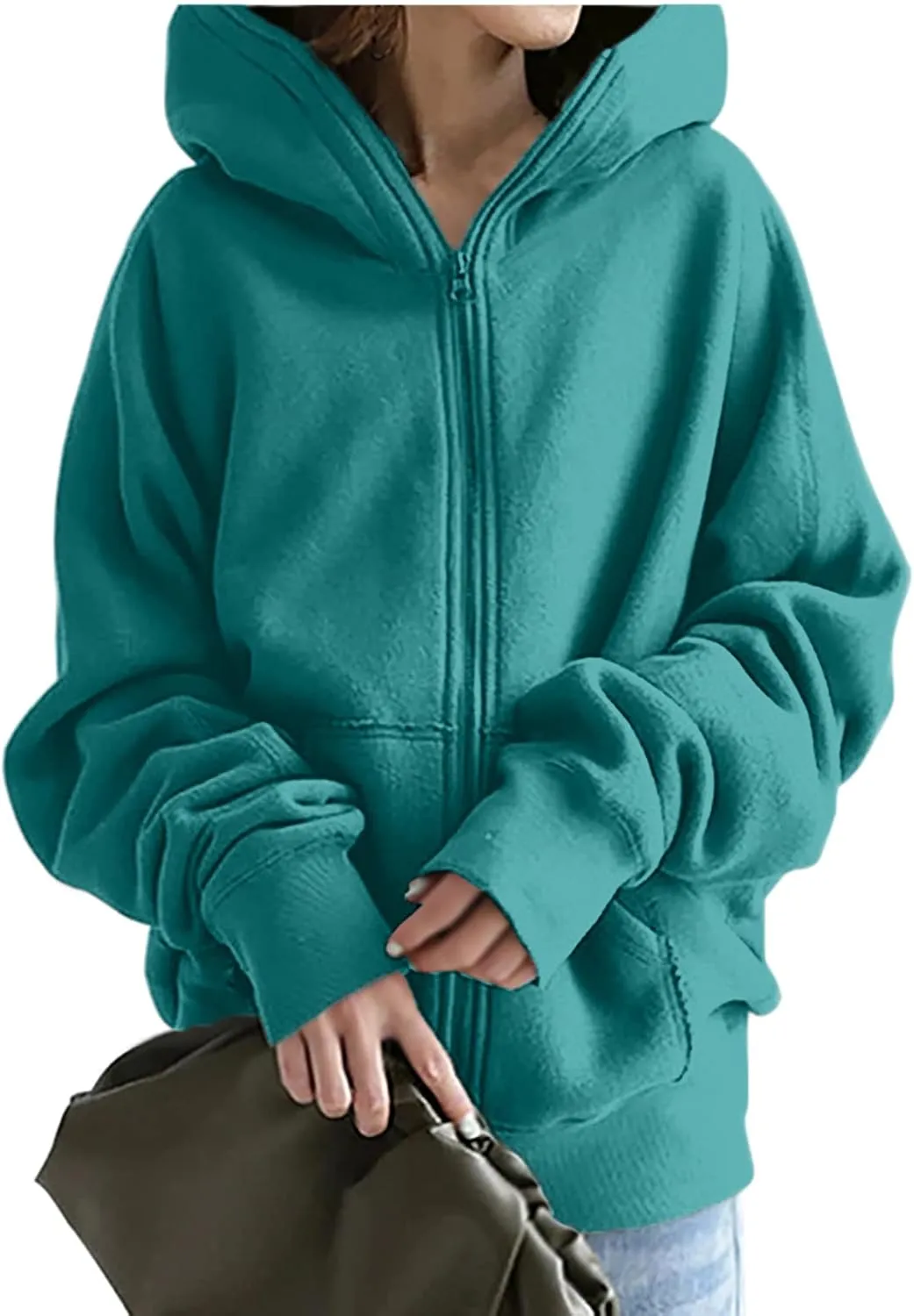 DOLKFU Womens Oversized Hoodie Dress Zip Up Long Sweatshirt Solid Basic Pullover Tops Y2K Trendy Winter Clothes With Pockets