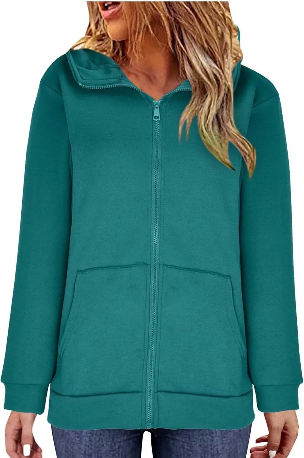 DOLKFU Womens Oversized Hoodie Dress Zip Up Long Sweatshirt Solid Basic Pullover Tops Y2K Trendy Winter Clothes With Pockets