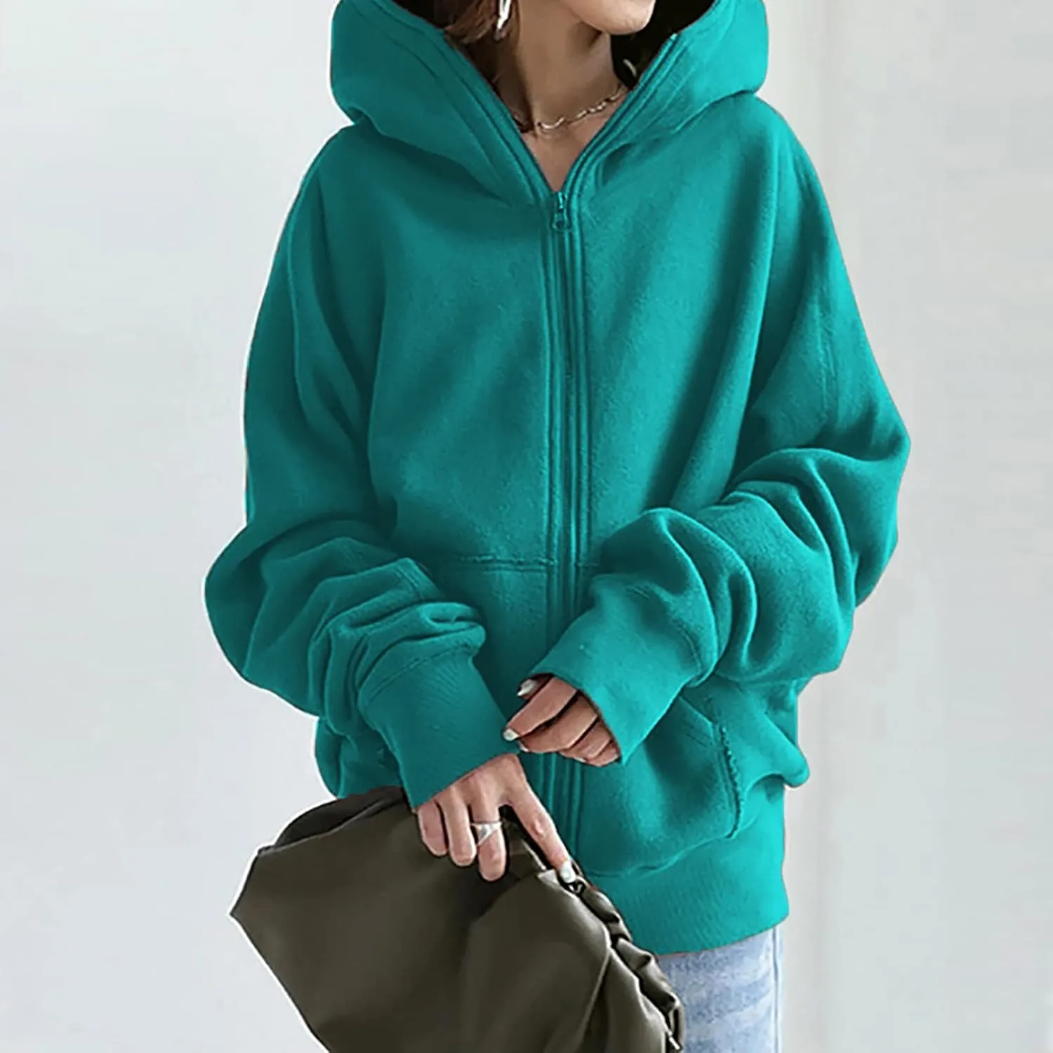 DOLKFU Womens Oversized Hoodie Dress Zip Up Long Sweatshirt Solid Basic Pullover Tops Y2K Trendy Winter Clothes With Pockets