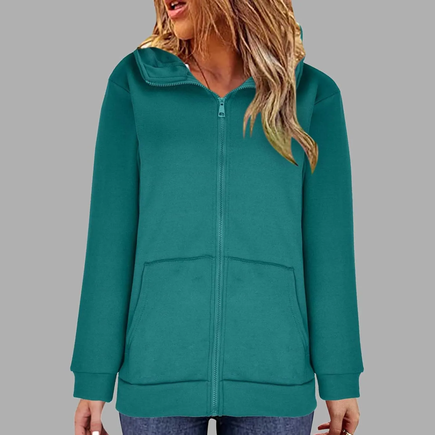 DOLKFU Womens Oversized Hoodie Dress Zip Up Long Sweatshirt Solid Basic Pullover Tops Y2K Trendy Winter Clothes With Pockets