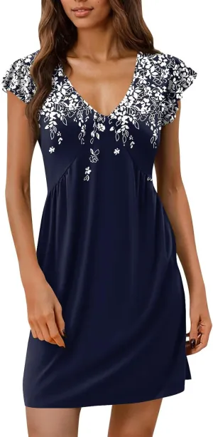 Dress for Women Summer Deep V Neck Beach Sundresses Ruffle Sleeve Mini Dresses Solid Color Dress