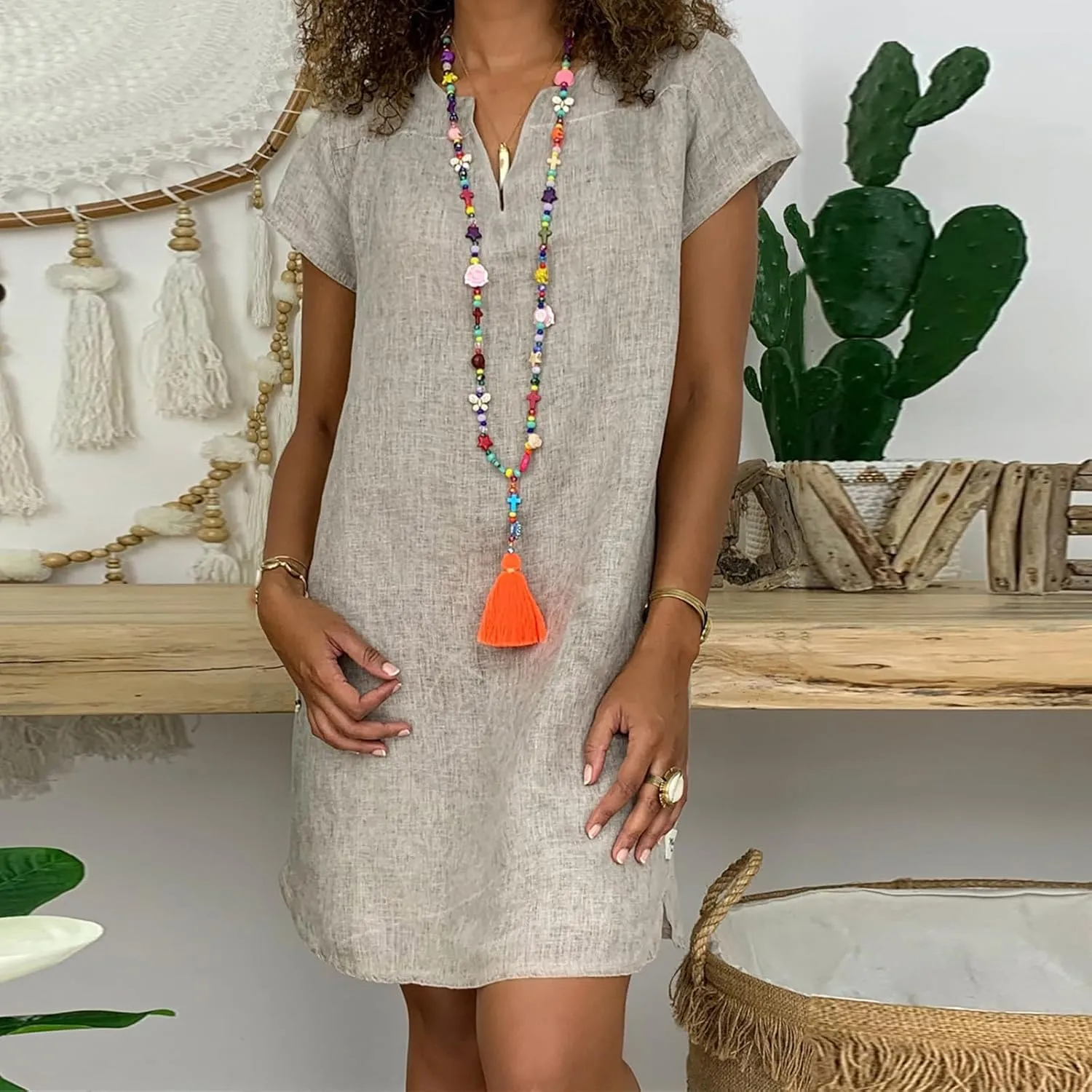 Dresses for Women 2024 Casual Cotton Linen Cap Sleeve V Neck Midi Dress Summer Fashion Solid Party Beach Sundress