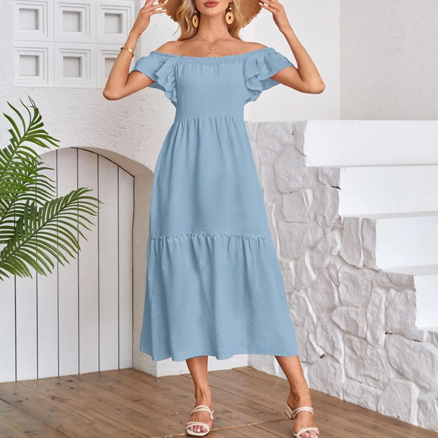 Dresses for Women 2025 Party Sleeveless Solid Color Square Neck Maxi Dress Ruffled Summer Fashion Casual Dresses