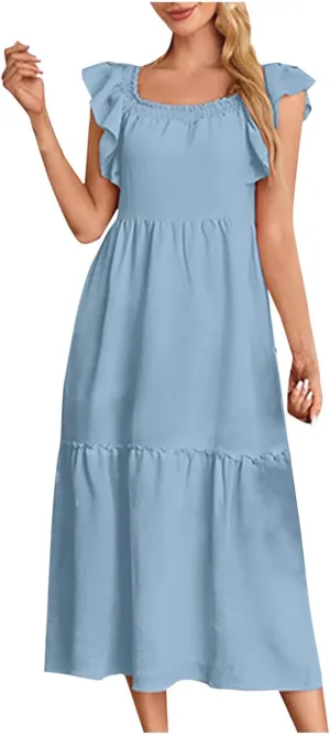 Dresses for Women 2025 Party Sleeveless Solid Color Square Neck Maxi Dress Ruffled Summer Fashion Casual Dresses
