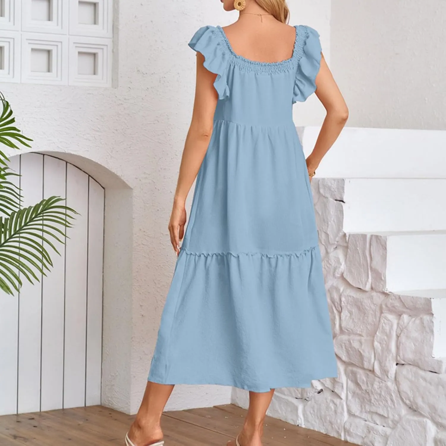 Dresses for Women 2025 Party Sleeveless Solid Color Square Neck Maxi Dress Ruffled Summer Fashion Casual Dresses