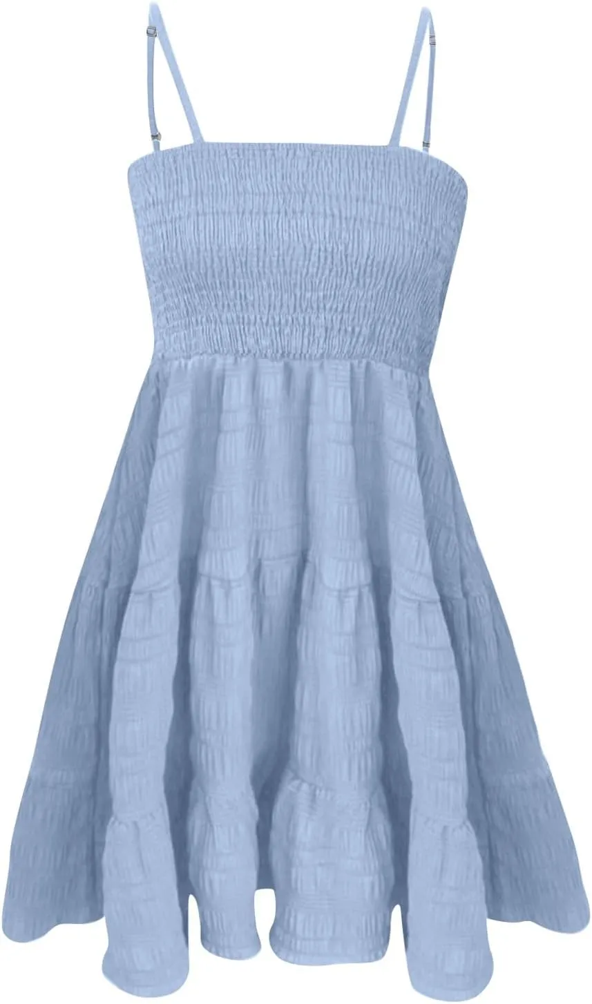 Dresses for Women 2025 Sexy Tube Top Smocked Spaghetti Strap Dresses Flowy Sleeveless Casual Beach Vacation Sundress