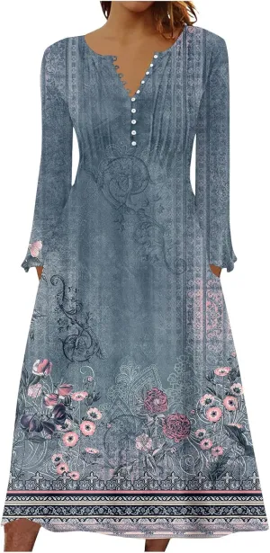 Dresses for Women Casual Trendy Plus Size Long Sleeve Midi Dress Sexy V Neck Button Down Summer Fall Flowy Dress