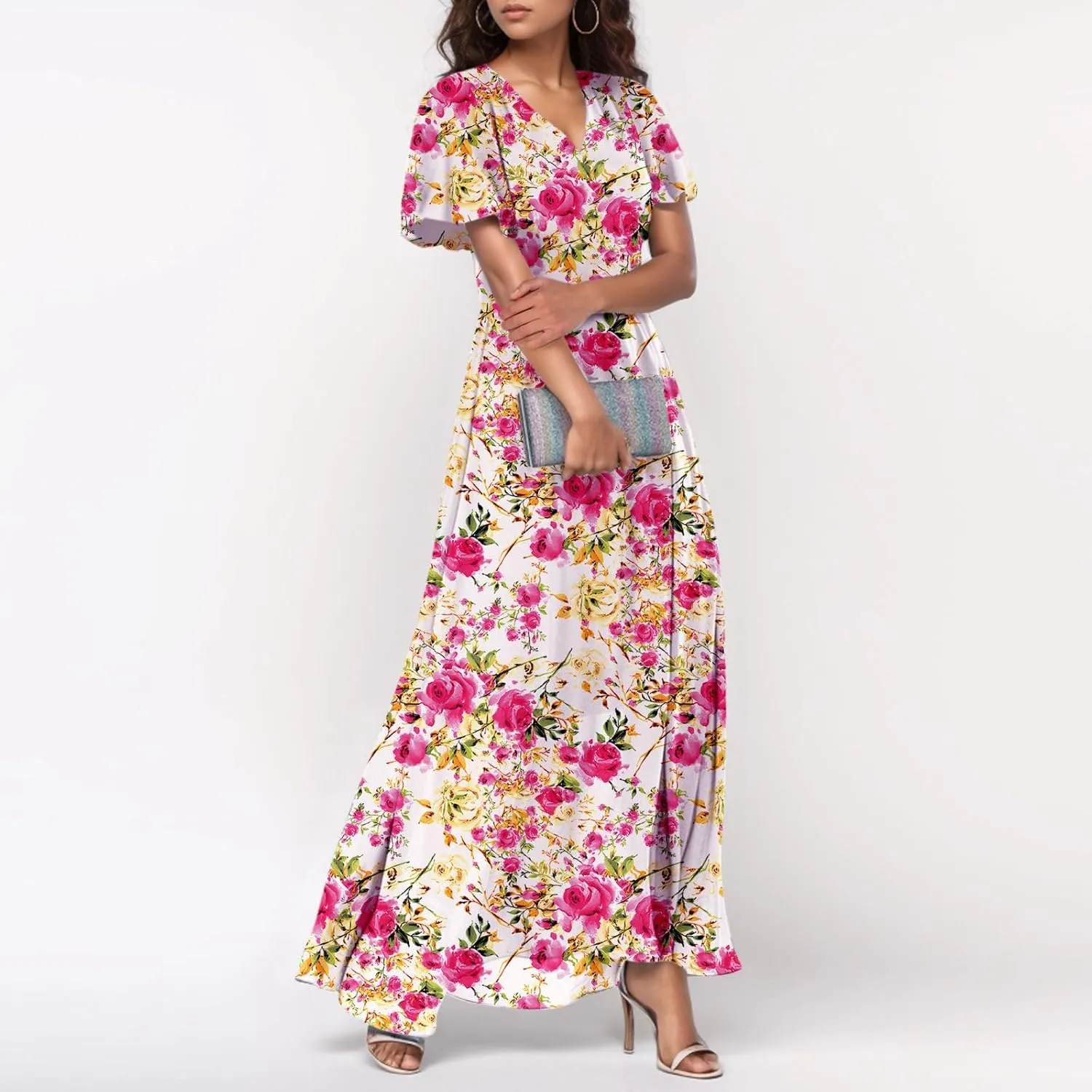Elegant Dresses for Women 2025 Floral Print Ruffle Short Sleeve A-Line Dress Trendy V Neck High Waist Maxi Dress