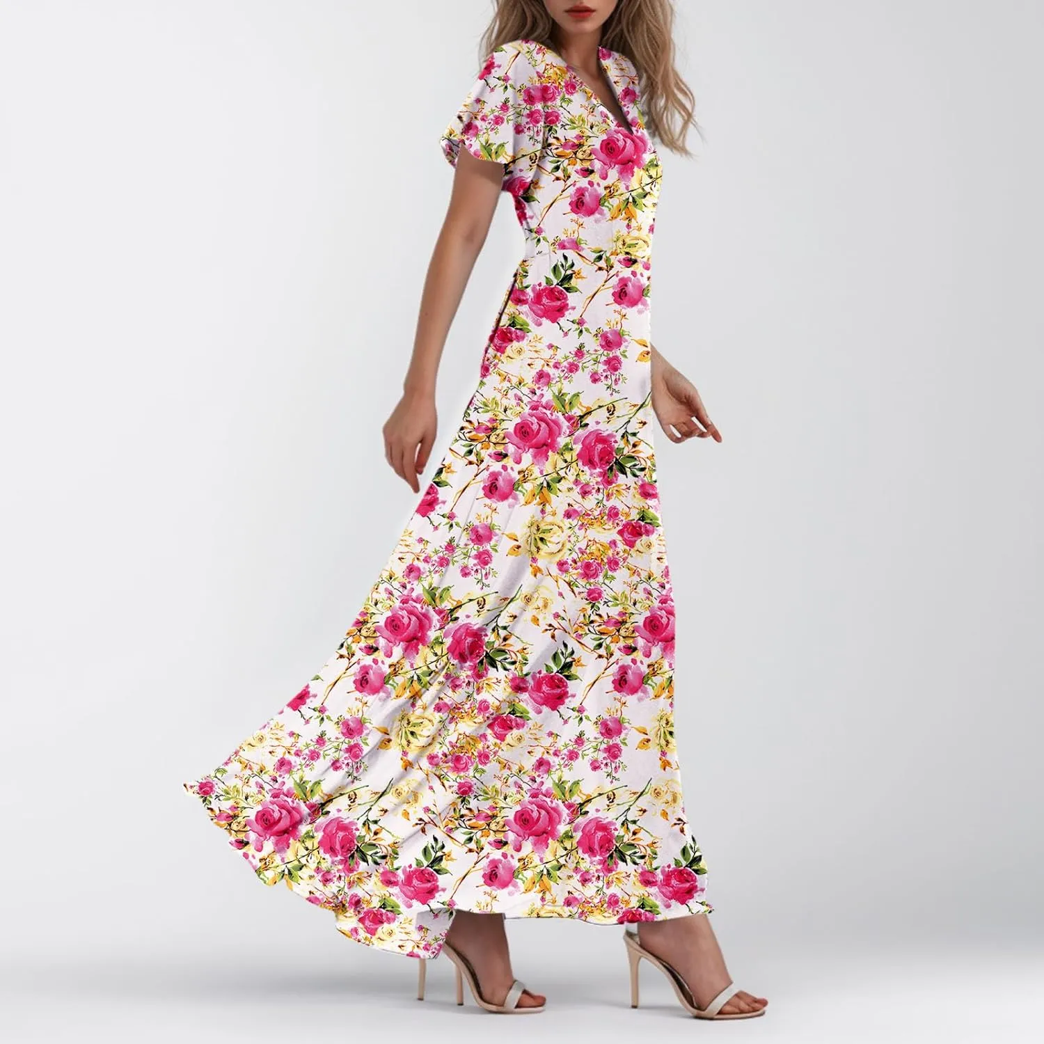 Elegant Dresses for Women 2025 Floral Print Ruffle Short Sleeve A-Line Dress Trendy V Neck High Waist Maxi Dress