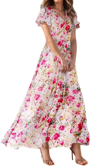 Elegant Dresses for Women 2025 Floral Print Ruffle Short Sleeve A-Line Dress Trendy V Neck High Waist Maxi Dress
