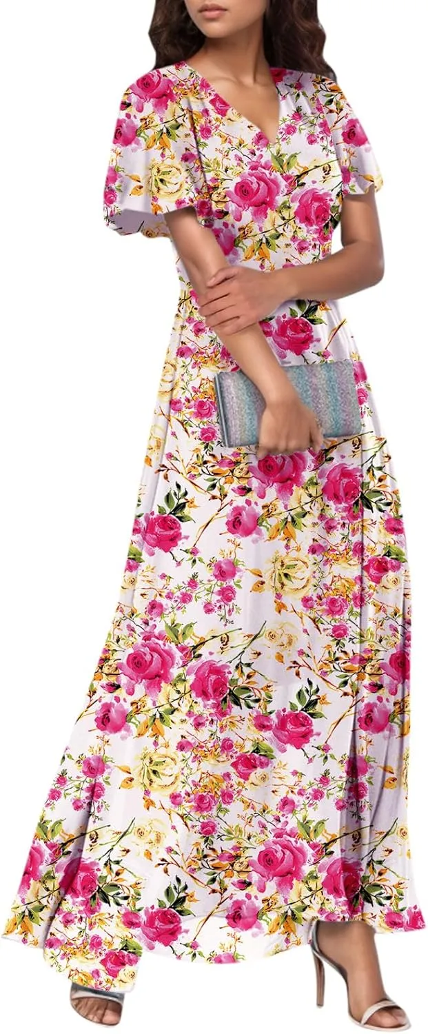 Elegant Dresses for Women 2025 Floral Print Ruffle Short Sleeve A-Line Dress Trendy V Neck High Waist Maxi Dress